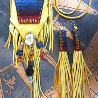 Butter Soft Leather Pouch Necklace & Earring Set w/Antique Serape Textile Fragments, Sterling Bezel Set Faceted Rock Crystal, Polished Kyanite & More!