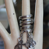 Wide Solid 999 Sterling Artisan Wrap Ring with Multiple Tiny Antique Medals, Sterling Crosses, Faceted Rock Crystal Connectors