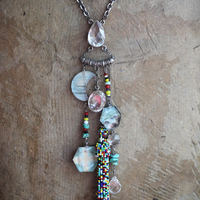 SOLD to J Endless Ocean Necklace with Faceted Rock Quartz Drops,,Sterling Bezel Set Faceted Rock Quartz, Sterling Link Chain,Multi Color Seed Bead Tassel