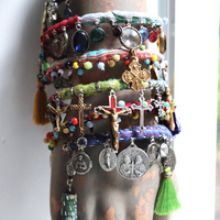 Joyful Deliverance Wrap Bracelet with Hand Stitched Kantha,Dozens of Antique Medals, Crosses, Faceted Crystals & Art Deco Glass Beads