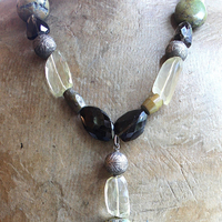 The Grounding Necklace with Faceted Smoky Quartz, Lemon Quartz ,Lone Mountain Turquoise,Rare Antique Engraved Silver Beads,Antique Serape Fragment