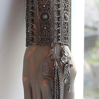 SOLD to L Put on the Whole Armor of God Bracelet w/Antique Etruscan Panels, Rare 1870 Henry Beecher Medal,Rare Antique Cut Steel Tassel, French Sword & Cross Medals & Bezel Set Crystals