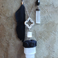Inner Power Necklace with Rare Small Selenite Tower,Raven Feather,Hand Stitched Seed Beads & Embroidered Crescent Moons++