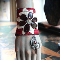 Allow Your Soul Cuff Bracelet with Antique Embroidered Textile, Antique French Medals,Faceted Almandine Garnet & Religious Rose