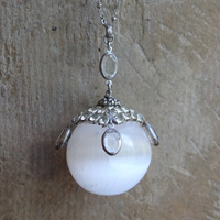 SOLD to J There is no Darkness Necklace with Polished Selenite Orb, Unique Antique Bezel Set Paste Cap, Bezel Set Oval Faceted Crystal Drops, Sterling Chain