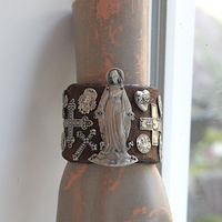 The Milagro Cuff Bracelet with Distressed Leather, 16 Antique & Vintage Crosses and Medals and Leather Tassel