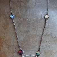 Cosmic Religion Necklace with Galaxy Cabochon Connectors, Orgonite Drops,Multiple Antique Religion Medals,Scroll Vessel