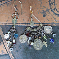 NEW! Asymmetrical Earrings with Antique French Rosary Connector & Medals, Multiple Faceted Bead Dangles,Antique Faceted Crystals and Crosses