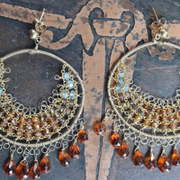 NEW! Intricate14K Gold Wire and Post Earrings with Rare Faceted Spessartine Garnet Tear Drops, Faceted Aquamarine and Smoky Topaz