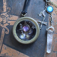 NEW! Divine Cosmos Necklace Set with Antique Pocket Watch Case, Sterling Moons and Stars,Sterling Capped Clear Rock Quartz Point
