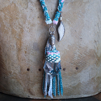 NEW! Braided Kantha Necklace w/Clear Rock Quartz Free Form Point, Unique Silver Connector, Carved Angel Wing & Kantha Tassel