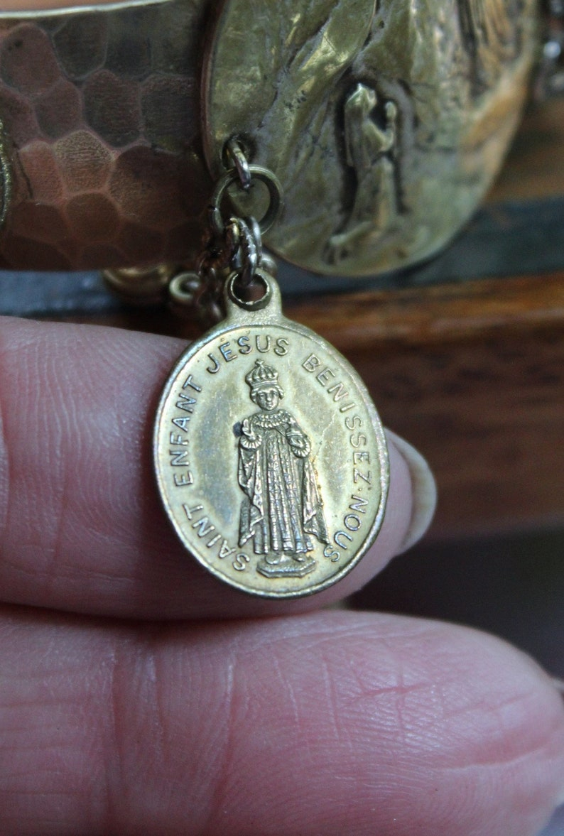 The Apparition Cuff Bracelet w/Antique French Benitier Marian Medal,Rare Antique Manger Scene Medal,Antique Prong Set Rhinestone Cross
