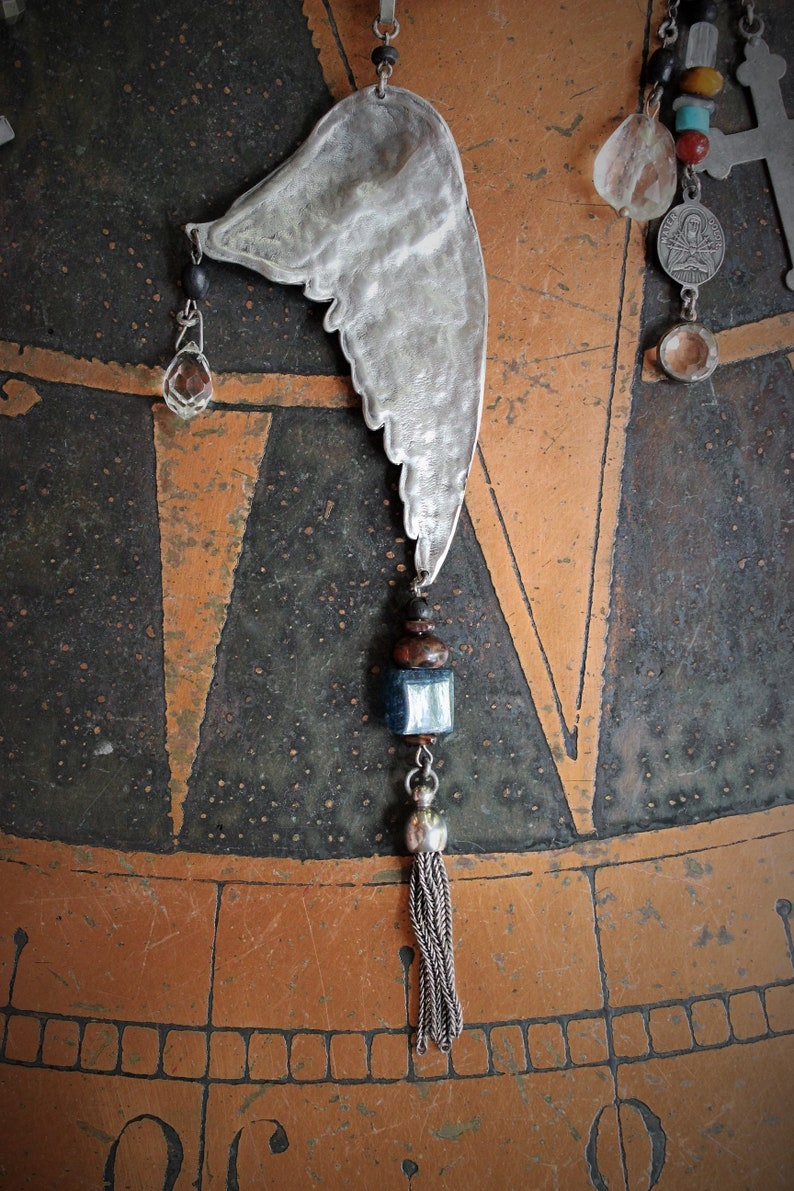 Find Your Way Home Necklace w/Antique Kantha Textile,Silver Bird Wing,Persevere Cross,Faceted Rock Quartz Nuggets,Sacred Heart Medal++