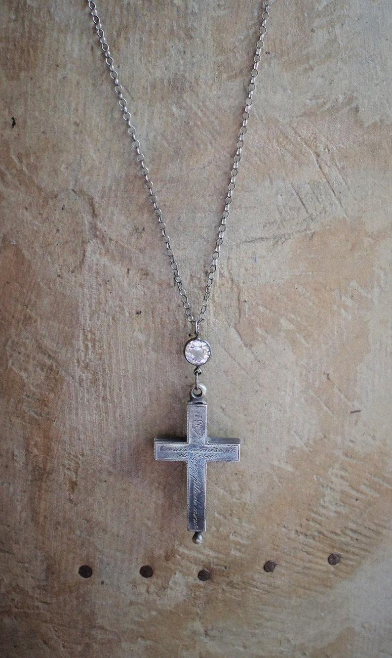 RARE Antique French Sterling Engraved Reliquary Cross Necklace w/Antique Faceted Bezel Set Rock Crystal Connector & Sterling Rolo Chain