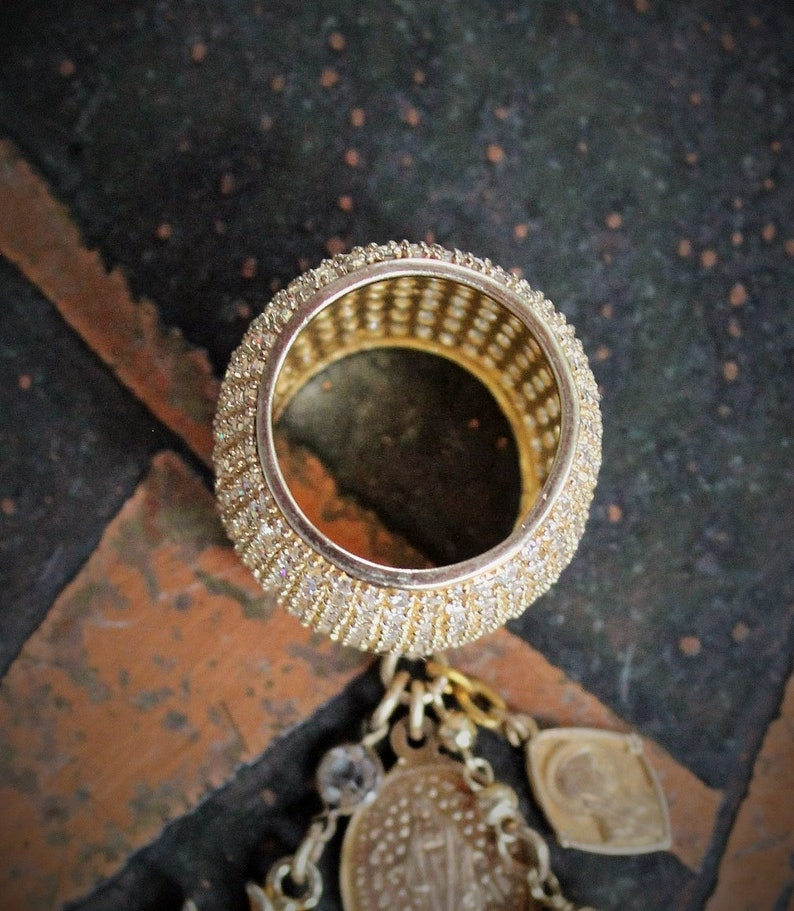 Amazing Wide Sterling Vermeil Pave Diamante Ring w/Antique French Medals,Tiny Gold Fill Tassel,Antique Bezel Set Crystal,Puffy Cross