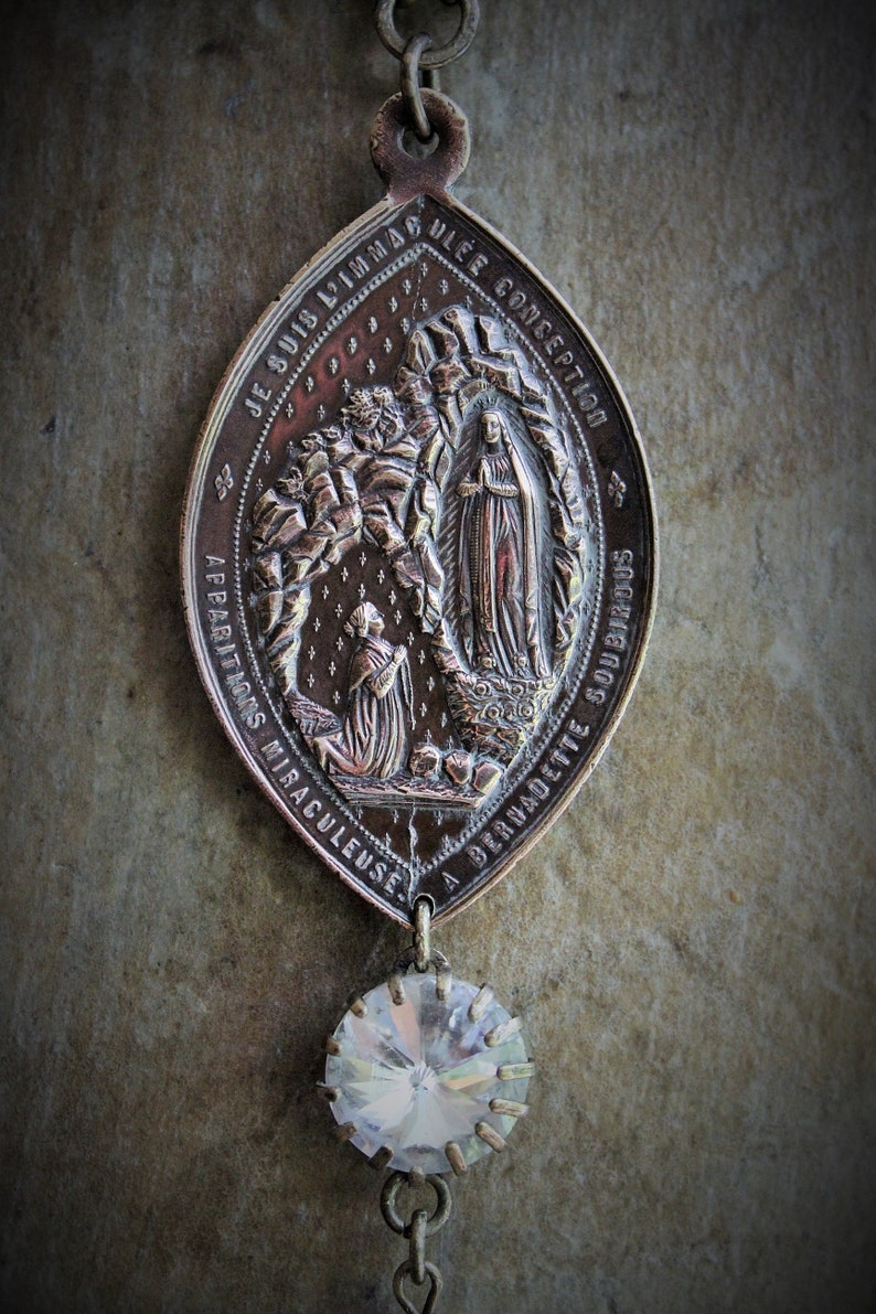 Sold to S The Apparition Necklace Set w/Rare Antique French Sculptural Bronze Marian Apparition Medal,Vintage Rivoli Crystal Chain,Antique Tassel