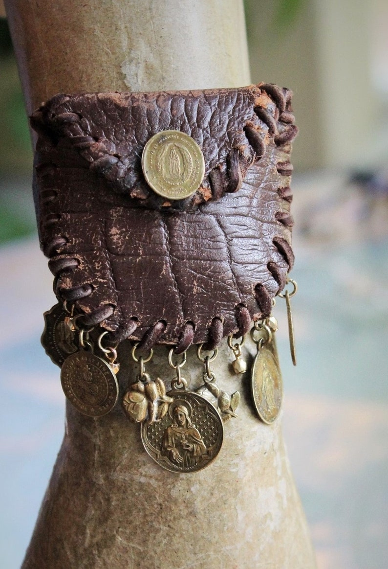 The Power & Life Bracelet w/Antique Leather Wrist Pouch, Antique French Penin Sacred Heart of Jesus Medal,Flaming Sacred Heart Medal++