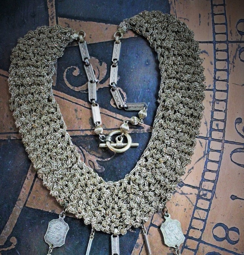 Crocheted Chain Necklace w/RARE Antique French Gold Sacred Heart Jeannette Cross,Matching Antique Crowned SH Medals,Antique Tassels