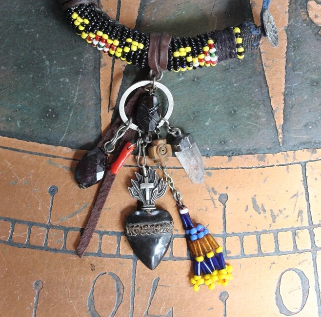 Antique Kuchi Gypsy Beaded Bracelet w/Sterling & Ebony Flaming Sacred Heart,Carved Black Spinel,Banjara Beaded Tassel,Quartz Point++