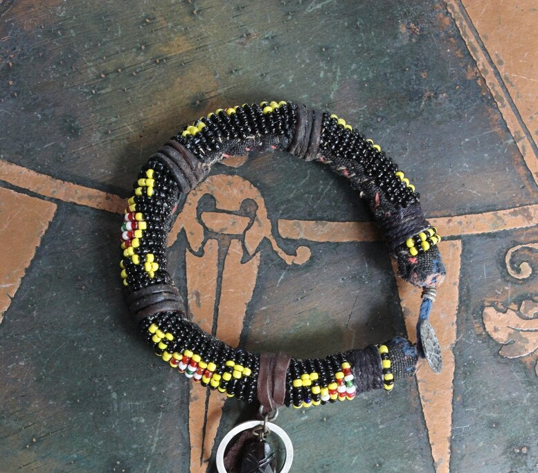Antique Kuchi Gypsy Beaded Bracelet w/Sterling & Ebony Flaming Sacred Heart,Carved Black Spinel,Banjara Beaded Tassel,Quartz Point++