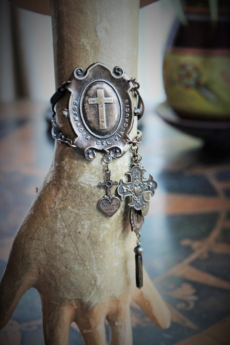 One Heart One Soul Bracelet w/Rare Antique French Bronze Medals,Way of The Cross Medallion,Antique Rock Crystal