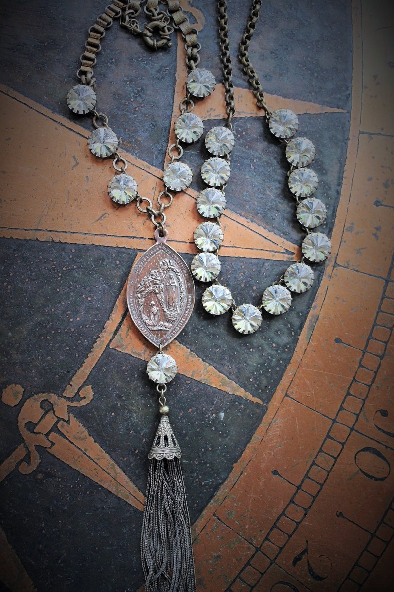 Sold to S The Apparition Necklace Set w/Rare Antique French Sculptural Bronze Marian Apparition Medal,Vintage Rivoli Crystal Chain,Antique Tassel