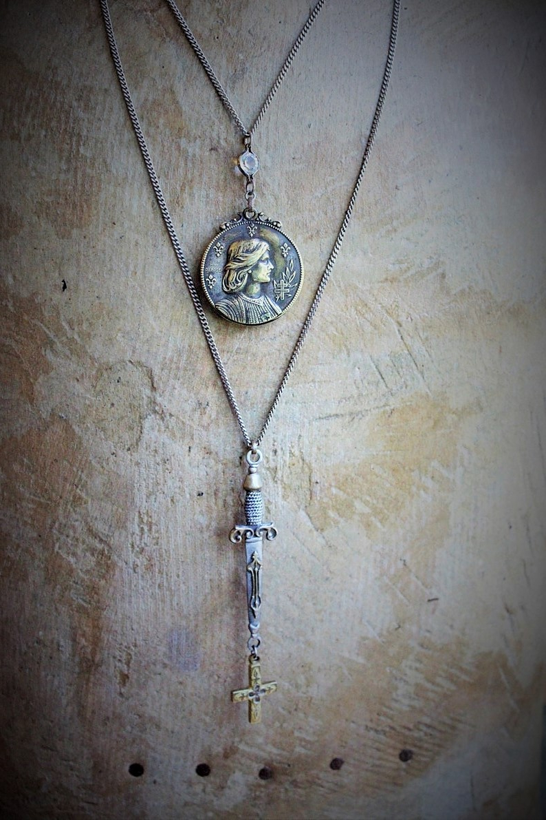 Go Forward Bravely Necklace Set w/Rare Antique French Repousse St. Jeanne D'Arc Depose Slide Locket,Antique French Cross & Repousse Sword