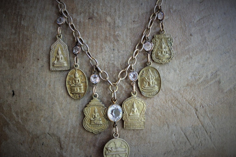 The Unity of Life Necklace w/7 Antique Buddha Sanskrit Medals,Carved Crystal Buddha,Antique Bezel Set Faceted Crystal Connectors+