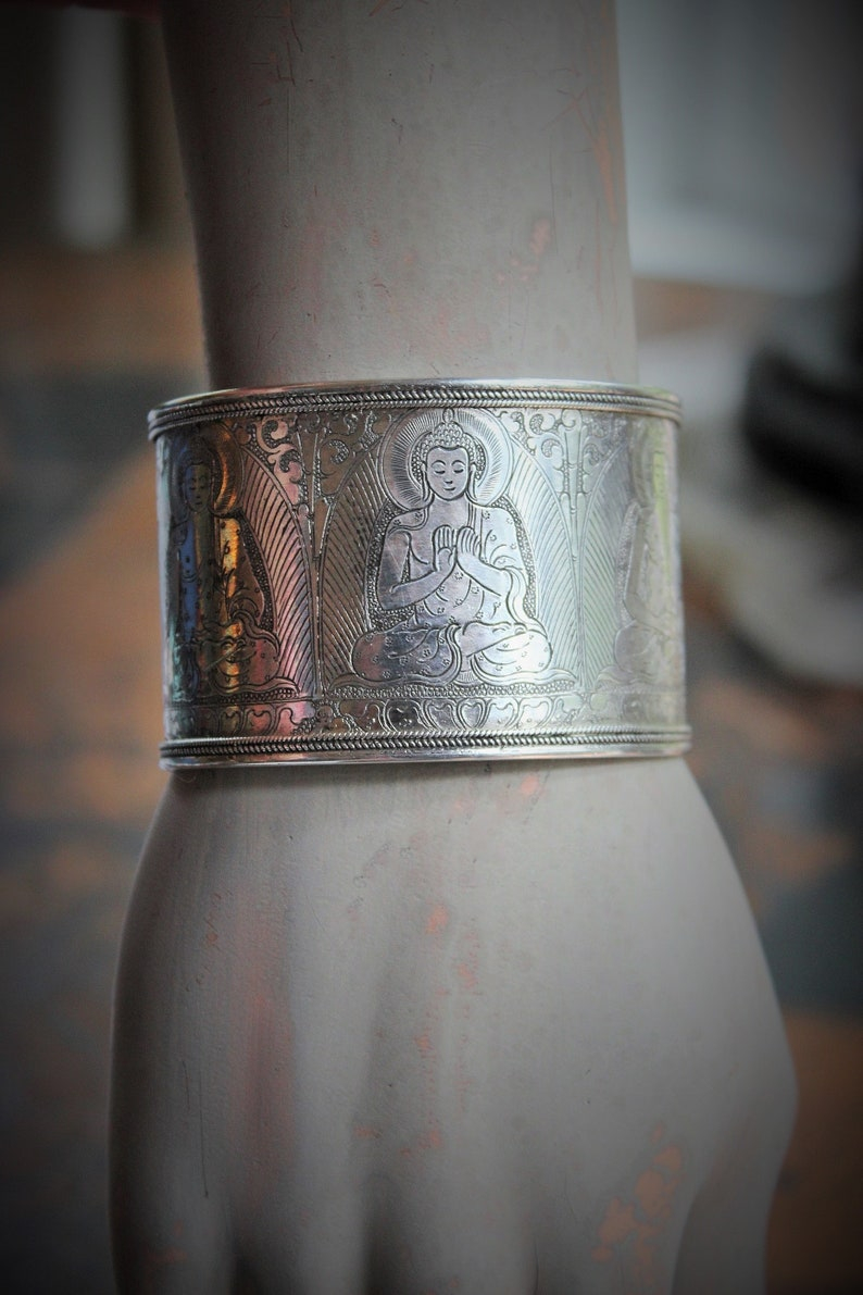 OOAK Antique Sterling Engraved 5 Buddha Cuff Bracelet w/Antique Silver Buddha Medal,Antique Faceted Crystal,Foxtail Chain Tassel