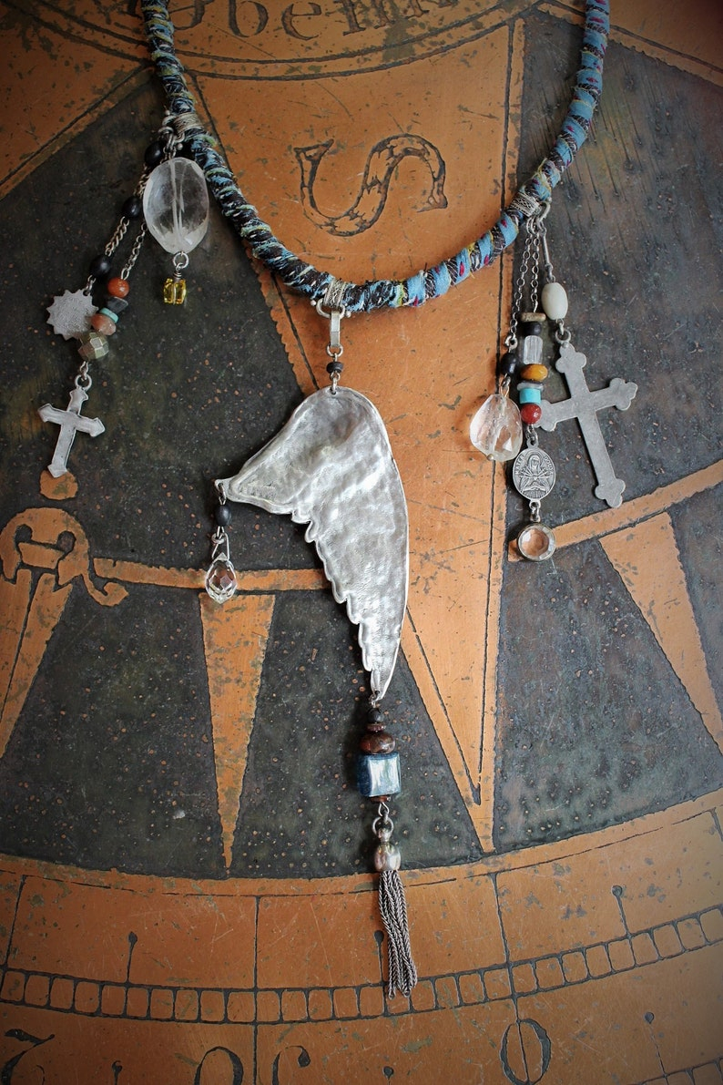 Find Your Way Home Necklace w/Antique Kantha Textile,Silver Bird Wing,Persevere Cross,Faceted Rock Quartz Nuggets,Sacred Heart Medal++