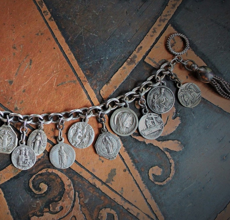 Antique Sterling Sacred Medals Bracelet w/19 Antique French Medals,Solid Sterling Link Chain,Antique Chain Tassel,Sterling Toggle Clasp