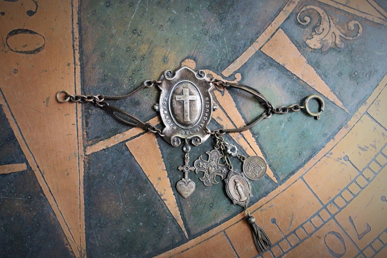 One Heart One Soul Bracelet w/Rare Antique French Bronze Medals,Way of The Cross Medallion,Antique Rock Crystal