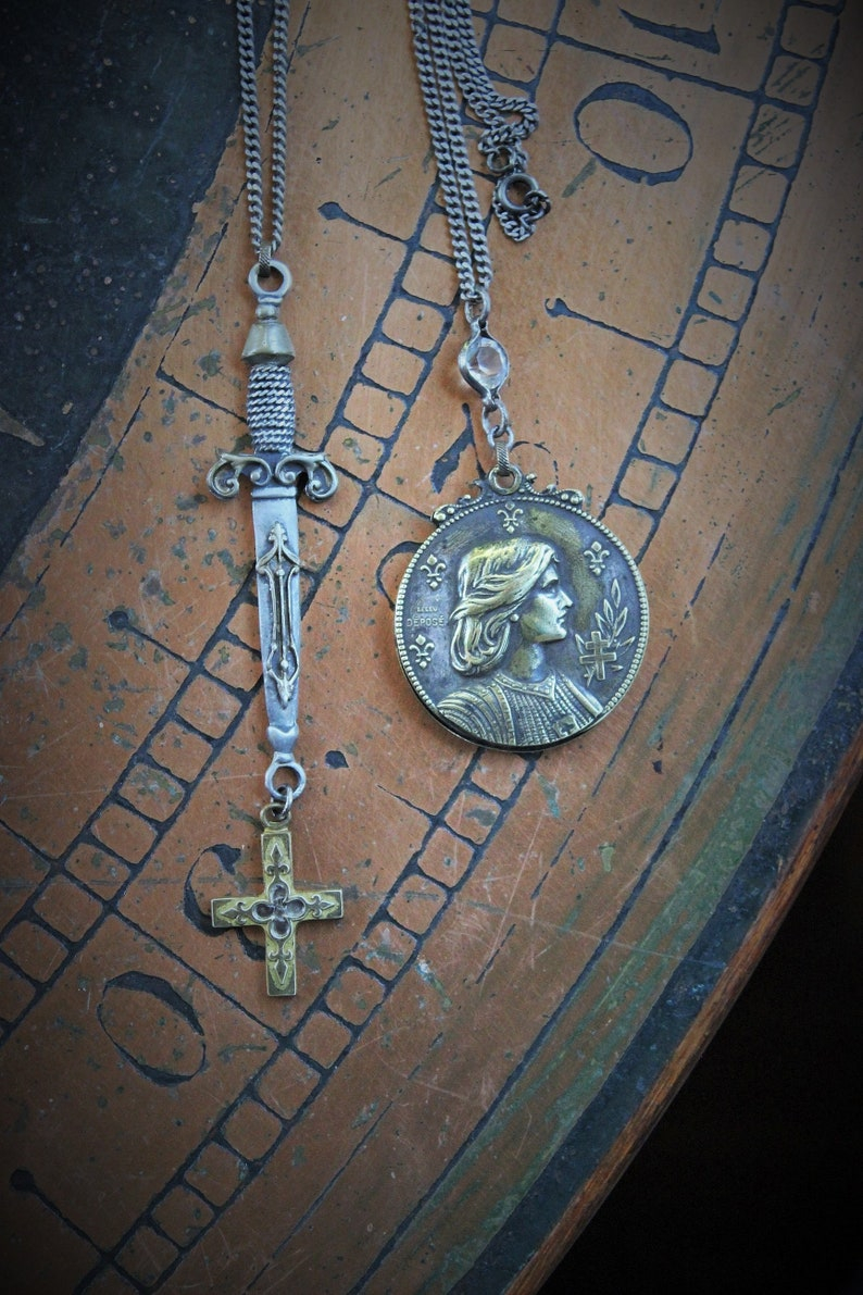 Go Forward Bravely Necklace Set w/Rare Antique French Repousse St. Jeanne D'Arc Depose Slide Locket,Antique French Cross & Repousse Sword