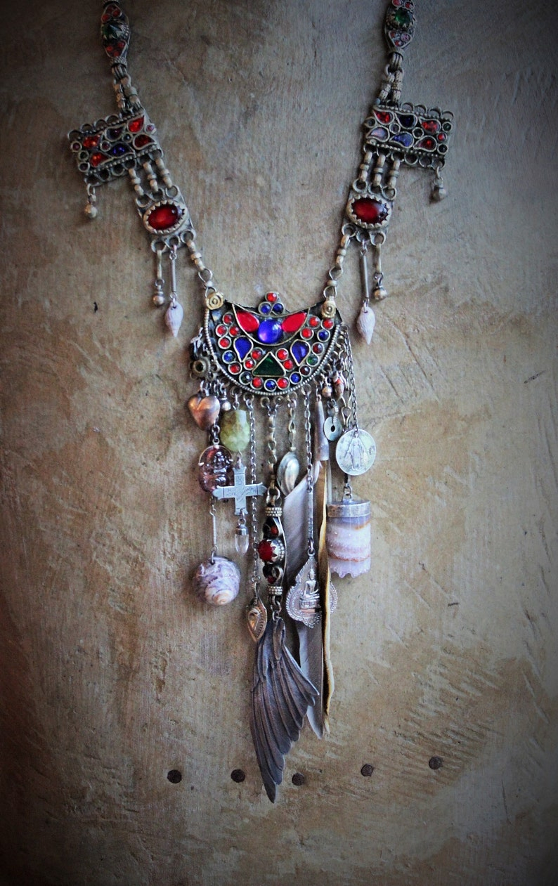 This Sky Necklace w/Antique Gypsy Chain,Cast Bird Wing,Antique Engraved Cross,Old Tibetan Medal,Carved Tourmaline Buddha + Much More!
