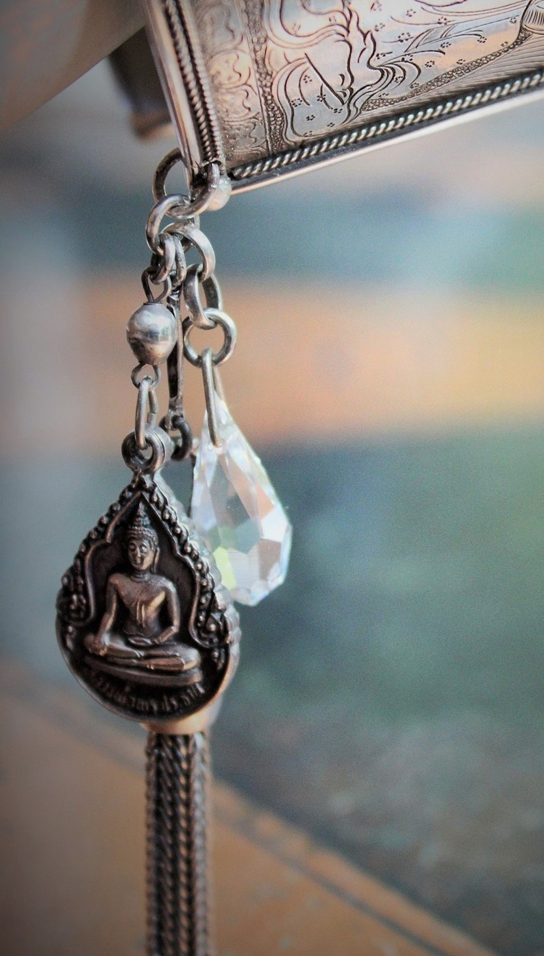 OOAK Antique Sterling Engraved 5 Buddha Cuff Bracelet w/Antique Silver Buddha Medal,Antique Faceted Crystal,Foxtail Chain Tassel