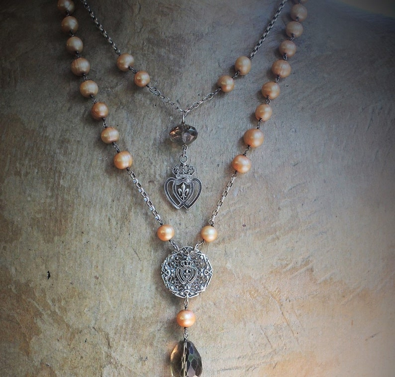 Love is the Soul's Life Necklace Set w/French Marian Cross,Sterling Fleur de Lis Finding,Crowned Hearts,Faceted Smoky Topaz