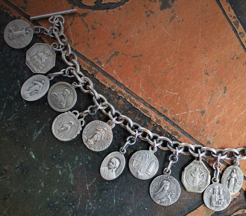 Antique Sterling Sacred Medals Bracelet w/19 Antique French Medals,Solid Sterling Link Chain,Antique Chain Tassel,Sterling Toggle Clasp
