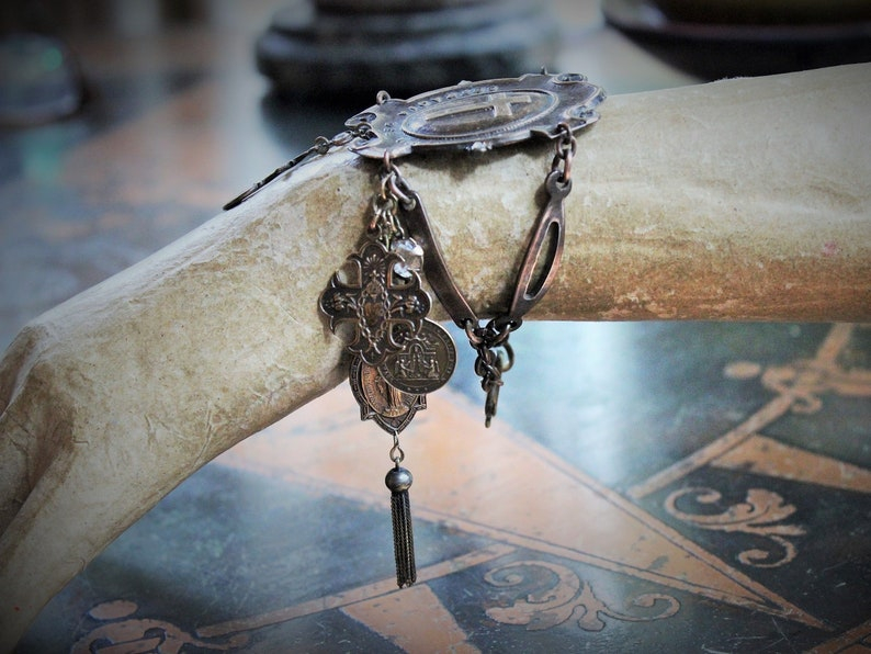 One Heart One Soul Bracelet w/Rare Antique French Bronze Medals,Way of The Cross Medallion,Antique Rock Crystal