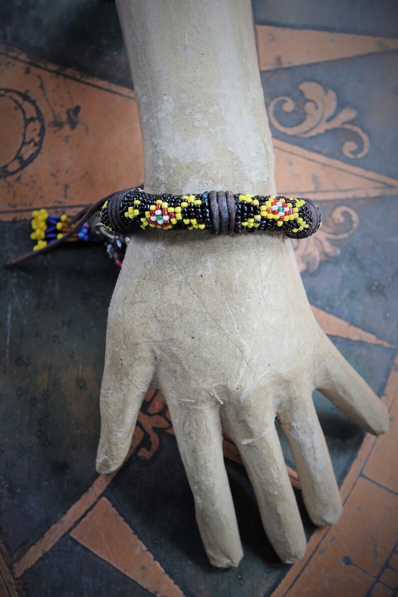 Antique Kuchi Gypsy Beaded Bracelet w/Sterling & Ebony Flaming Sacred Heart,Carved Black Spinel,Banjara Beaded Tassel,Quartz Point++