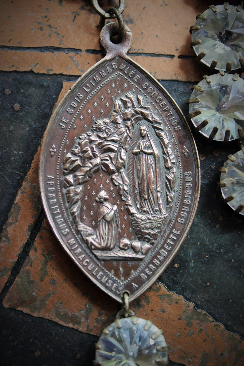 Sold to S The Apparition Necklace Set w/Rare Antique French Sculptural Bronze Marian Apparition Medal,Vintage Rivoli Crystal Chain,Antique Tassel