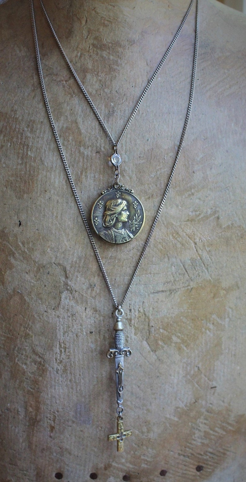 Go Forward Bravely Necklace Set w/Rare Antique French Repousse St. Jeanne D'Arc Depose Slide Locket,Antique French Cross & Repousse Sword