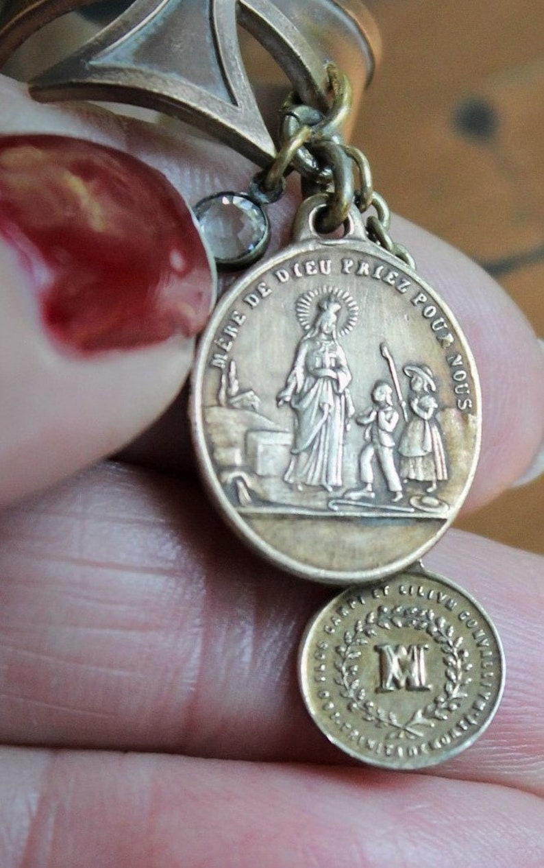 Mother of God Gothic Bronze Copper Maltese Cross Rings w/Rare Tiny Antique Penin Medal,Rare Antique 1846 Mere de Dieu Apparition Medal