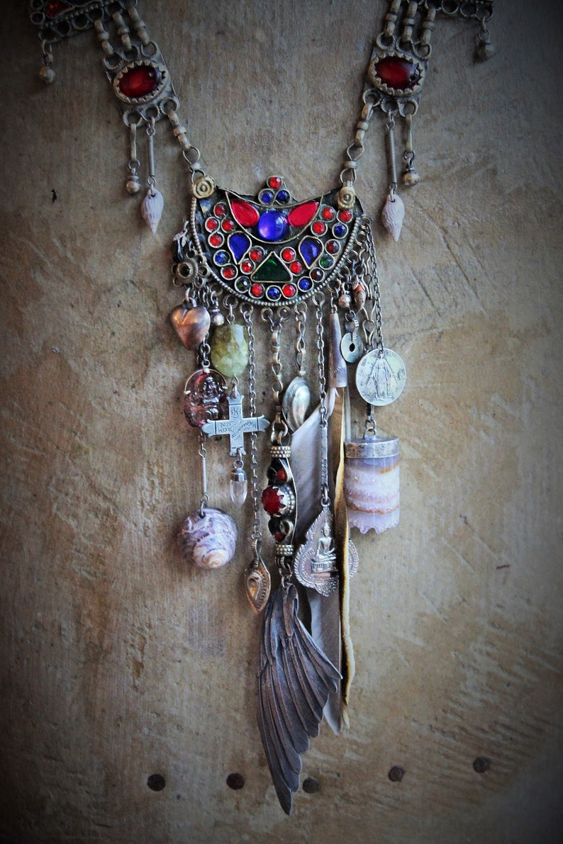 This Sky Necklace w/Antique Gypsy Chain,Cast Bird Wing,Antique Engraved Cross,Old Tibetan Medal,Carved Tourmaline Buddha + Much More!