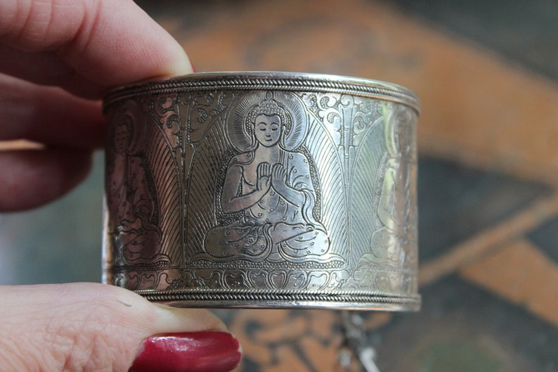 OOAK Antique Sterling Engraved 5 Buddha Cuff Bracelet w/Antique Silver Buddha Medal,Antique Faceted Crystal,Foxtail Chain Tassel