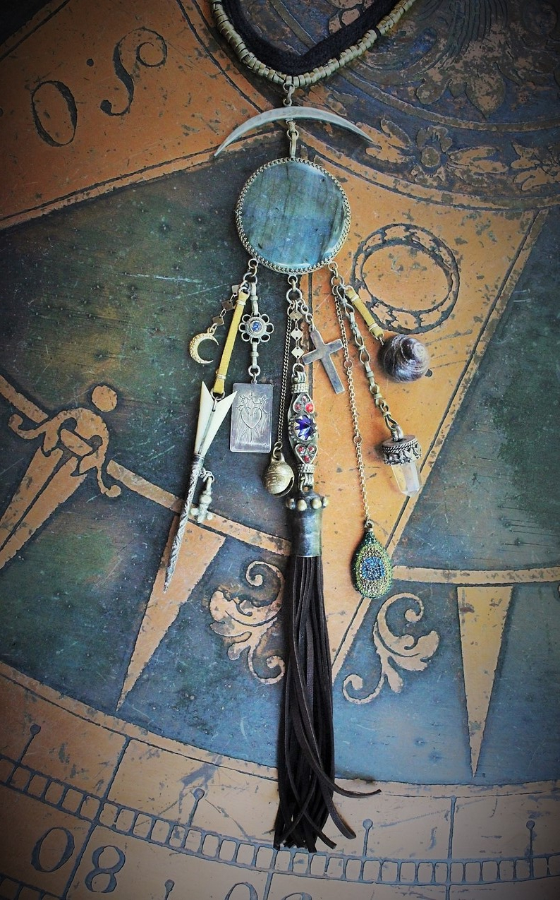 Gypsy Spirit Forgiveness Necklace w/Antique Loomed Cotton & Button "Chain",Incredible Labradorite Stone,Sterling 3 Swords Medal,Antique Scabbard,+++