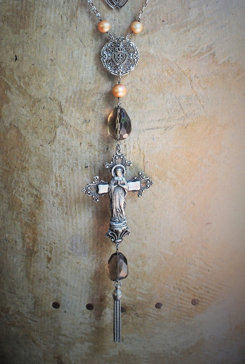 Love is the Soul's Life Necklace Set w/French Marian Cross,Sterling Fleur de Lis Finding,Crowned Hearts,Faceted Smoky Topaz