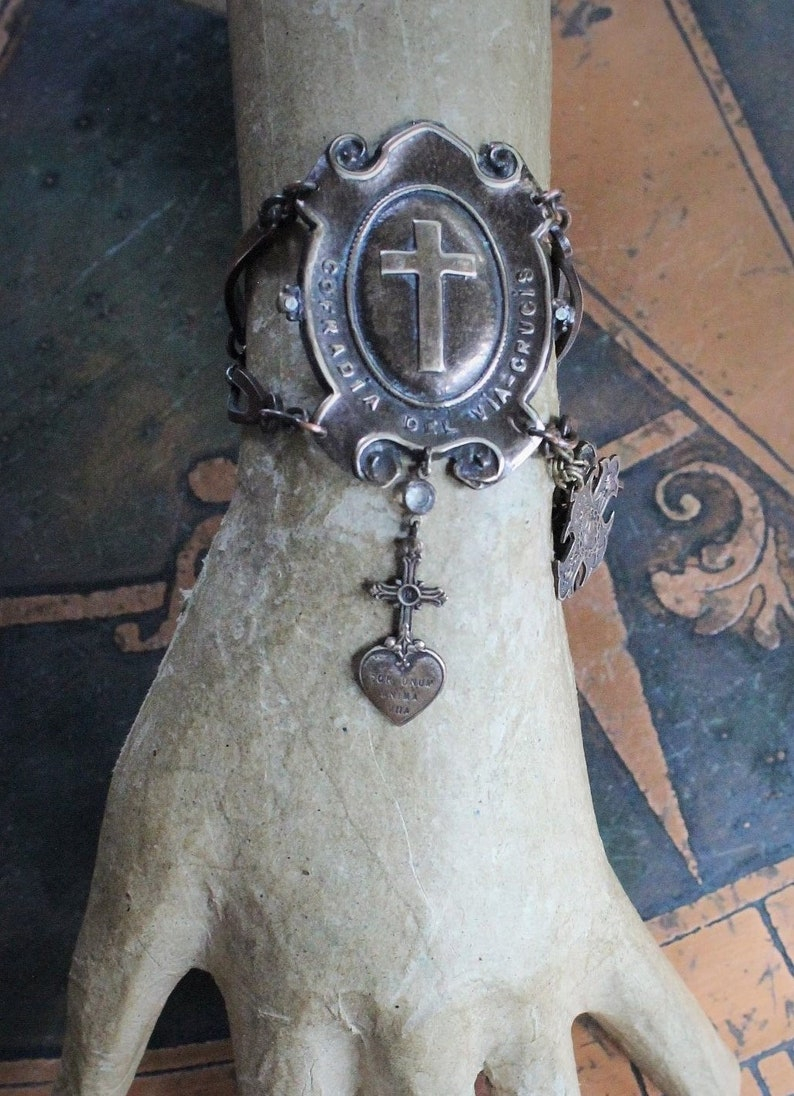 One Heart One Soul Bracelet w/Rare Antique French Bronze Medals,Way of The Cross Medallion,Antique Rock Crystal