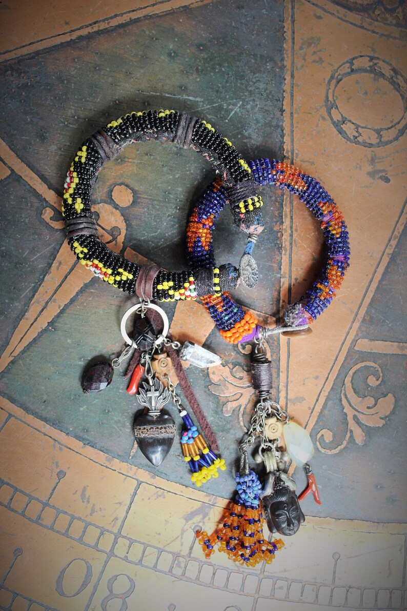Antique Kuchi Gypsy Beaded Bracelet w/Sterling & Ebony Flaming Sacred Heart,Carved Black Spinel,Banjara Beaded Tassel,Quartz Point++