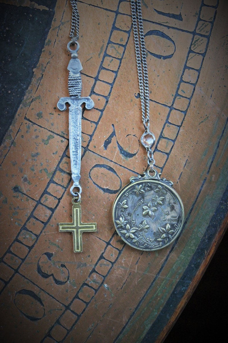 Go Forward Bravely Necklace Set w/Rare Antique French Repousse St. Jeanne D'Arc Depose Slide Locket,Antique French Cross & Repousse Sword