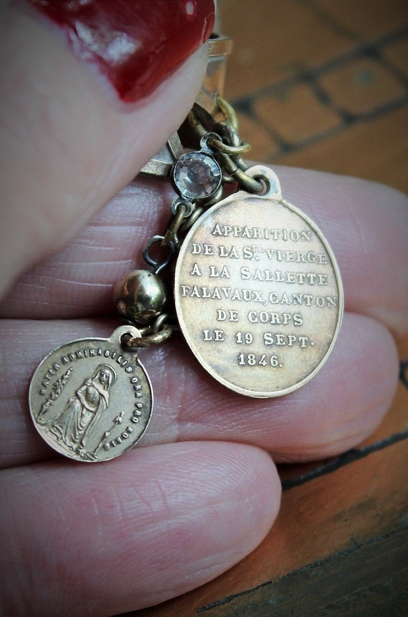 Mother of God Gothic Bronze Copper Maltese Cross Rings w/Rare Tiny Antique Penin Medal,Rare Antique 1846 Mere de Dieu Apparition Medal